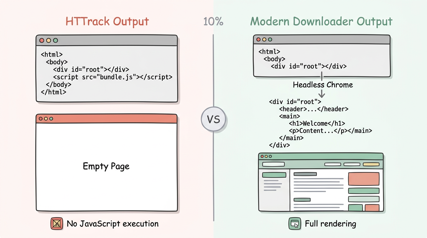 HTTrack downloads empty HTML shells while modern tools capture fully rendered content