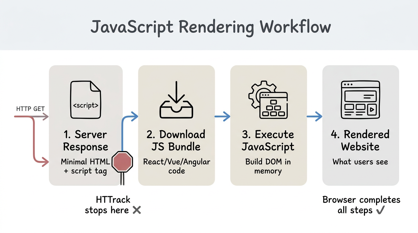 Flowchart showing the 4-step JavaScript rendering process: server sends HTML, browser downloads JS bundle, JavaScript builds DOM, and rendered website appears. HTTrack stops at step 1 while browser-based downloaders complete all steps.