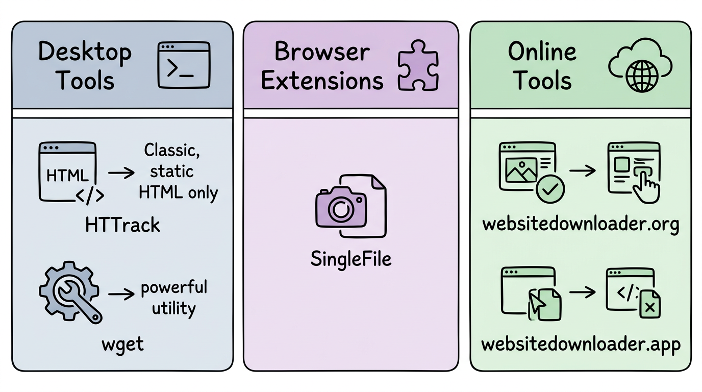 Website copier tools organized by category: Desktop Tools, Browser Extensions, and Online Tools